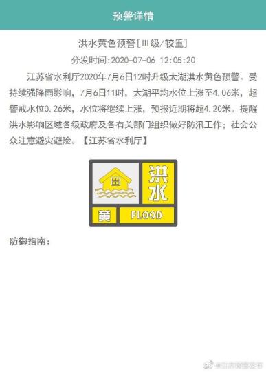 江苏升级太湖洪水预警 预报近期水位将超4.20米