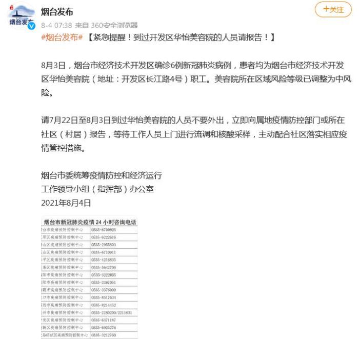山东烟台：紧急提醒！到过这家美容院的人员请报告